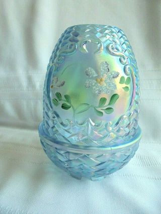Fenton Art Glass Blue Iridescent Fairy Lamp Painted Flowers Artist Signed