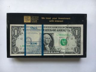 100 1 Dollar Bills In A Lucite Block Paperweight 1981 Note Ge General Electric