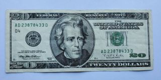 1996 $20 Twenty Dollar Bill Federal Reserve Note,  Serial Ad23878433d