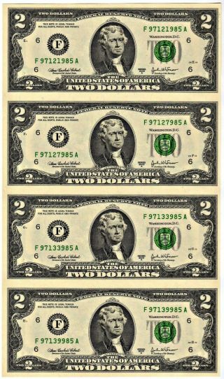 Uncut Atlanta (f) Federal Reserve Note $2.  00 Sheet Of 4: Series 2003: Bp 27