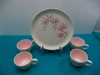 Vintage Salem Mid Century Modern Pink Bamboo - 4 Coffee Cups & 1 Dinner Plate