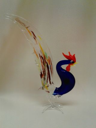 Vintage Murano Art Glass Rooster Figurine Hand Blown Blue/ Multicolored