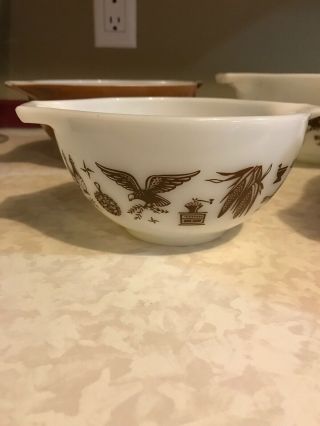 vtg pyrex Early Americana cinderella 4 pc nesting mixing bowls spout brown white 3