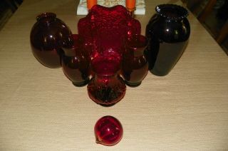 Vintage Ruby Red Glass: Royal Ball Pitcher &4 Pedestal Tumblers,  Sugar & Creamer