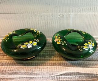 Pair Set 2 Vintage Bohemian Green Glass Bowl/ashtray/dish Enamel Flowers & Gold
