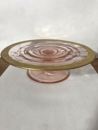 Vintage Pink Depression Glass Footed & Gold Dessert Cake Stand Plate 8” D