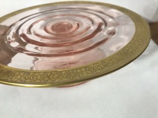Vintage Pink Depression Glass Footed & Gold Dessert Cake Stand Plate 8” D 2