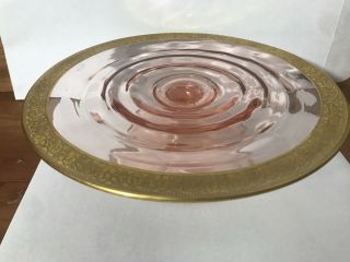 Vintage Pink Depression Glass Footed & Gold Dessert Cake Stand Plate 8” D 3