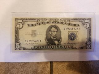 1953 A $5 Dollar Bill Silver Certificate Blue Seal Note Crisp Paper Money Unc
