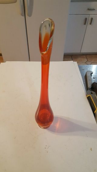 Vintage Mcm Viking Epic Orange Amberina Persimmon Swung Art Glass Bud Vase 12.  2 "