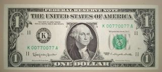 1963 $1 Dollar Bill Repeating Serial Number " K 00770077 A " Uncirculated