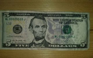 2013 $5 Five Dollar Bill Very Low Serial Number Note Ml 00020509