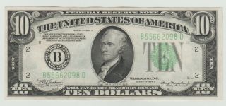 Us York $10 Dollar Frn Banknote 1934a Crisp Au