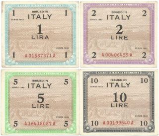 1943 Italy World War Ii Group Of Four Allied Military Currency Notes