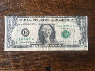 1969 G $1 Dollar Federal Reserve Offset Misaligned Front Printing Error Note