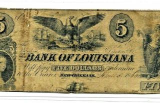 $5 " Bank Of Louisiana " (eagle Note) 1800 