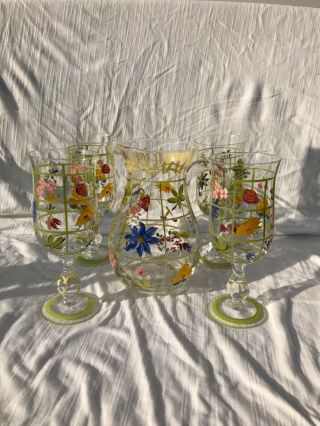 Hand Painted Summertime Glass Vintage Lemonade Pitcher & 4 Wine Glasses Set