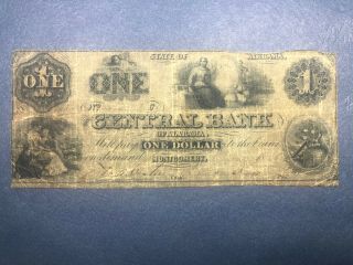 1861 $1 The Central Bank Of Alabama Montgomery,  Al Obsolete Banknote