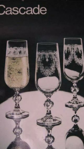 Vintage Cascade Etched Lead Bohemia Crystal Box Of 6 Champagne Flutes Glasses