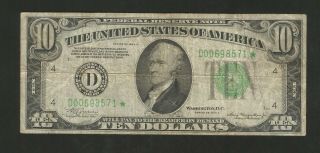 Fr 2006 - D Star Ten Dollars ($10) Series Of 1934a Federal Reserve Note Cleveland