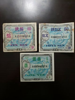 Wwii Occupied Japan 10 & 50 Sen,  1 Yen Military Currency Series 100