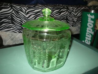 Vintage Green Vaseline Depression Glass Anchor Hocking Princess Cookie Jar