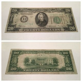 Vintage Star 1934 - A $20 Cleveland Twenty Dollar Federal Reserve Note Dark Green