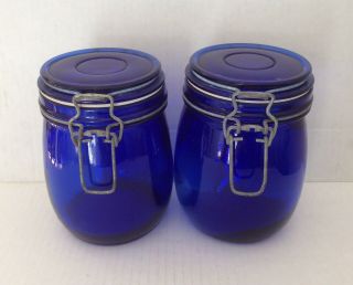Set 2 Heavy Vtg Cobalt Blue Glass Canister Jar Paneled Wire Bail Lidded 5 5/8”h