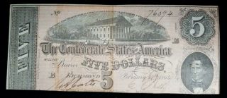 1864 $5 C.  S.  A.  Confederate States Of America Note T - 69