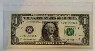 2013 $1 Fancy Serial Number G49355394g Uncirculated Dollar Bill Currency Us