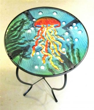 Jelly Fish Floating Through Sea Grass Fused Glass Hand Crafted Decorative Table