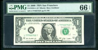 Fr.  1934 - L $1 2009 Frn San Francisco " Lucky Note 777 " Pmg Gem Uncirculated 66 Epq