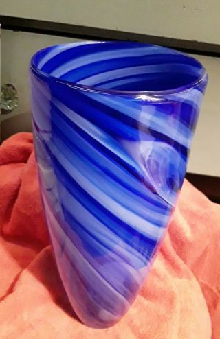 Blue Hand Blown Art Glass Vase Swirl Design 14 1/4 " Tall