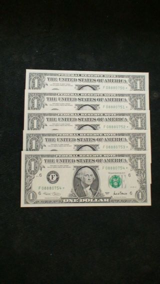 Five 2001 One Dollar Federal Reserve Star Notes Fr 1927 - F Five $1 Bills Buy It