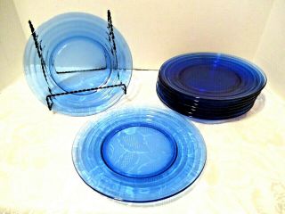 9 Cobalt Blue Moderntone 8 " Luncheon Plates Depression Glass Art Deco 1930s Vtg