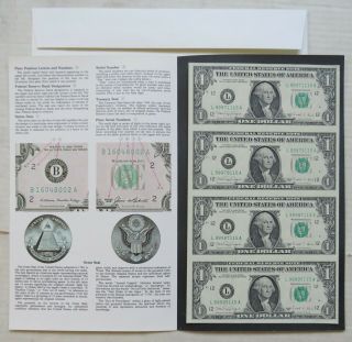 1988a $1 One Dollar Uncut Bills (4) Sheet W/ Folder Bureau Of Engraving
