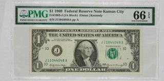 1969 $1 Federal Reserve Note Kansas City Pmg Cert Gem Unc 66 Epq Ja Block (048a)