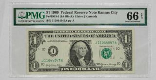 1969 $1 Federal Reserve Note Kansas City Pmg Cert Gem Unc 66 Epq Ja Block (047a)