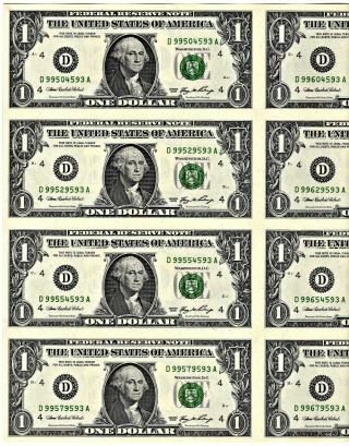 Uncut Cleveland (d) Federal Reserve Note $1.  00 Sheet Of 8: Series 2006: Bp50