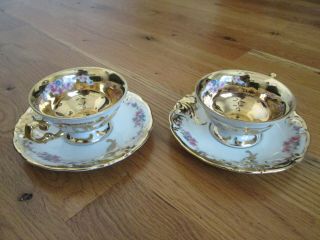 Two Vintage 1945 To 1952 Kpm Poland Porcelain Cups & Saucers Heavy Gold Gilt