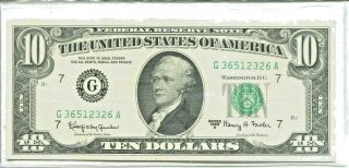 1963 A $10.  00 Federal Reserve Note - Green Seal Frn Crisp Unc - Q138