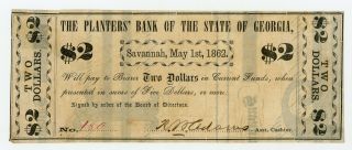 1862 $2 The Planters Bank Of The State Of Georgia Note - Civil War Era