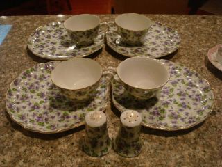 Lefton Violet Lunch Set China Us Set Of 4 Lunch Plates Tea Cups And Salt Pepper