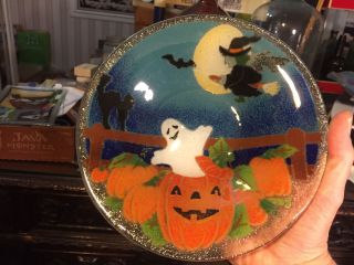 Peggy Karr Fused Glass Halloween Bowl Witch Bat Ghost Black Cat Pumpkin