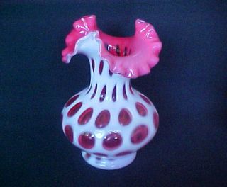 Ruffle Top Cranberry & White Coin Dot 7 " Vase Made In Usa By Fenton