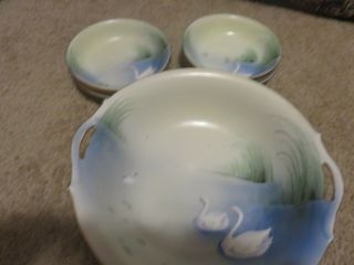 Vintage Nippon Hand Painted Gold Trim Serving Dish W/handles And 6 Bowls Swan