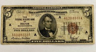 1929 Five Dollar Federal Reserve Bank Of Boston Ma