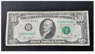 1977 Series A G/c Chicago $10 Dollar Federal Reserve Note Bill Us Currency
