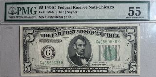 1934 - C $5 Federal Reserve Note Fr 1959 - G Pmg Au 55