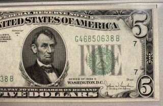 1934 - C $5 Federal Reserve Note FR 1959 - G PMG AU 55 3